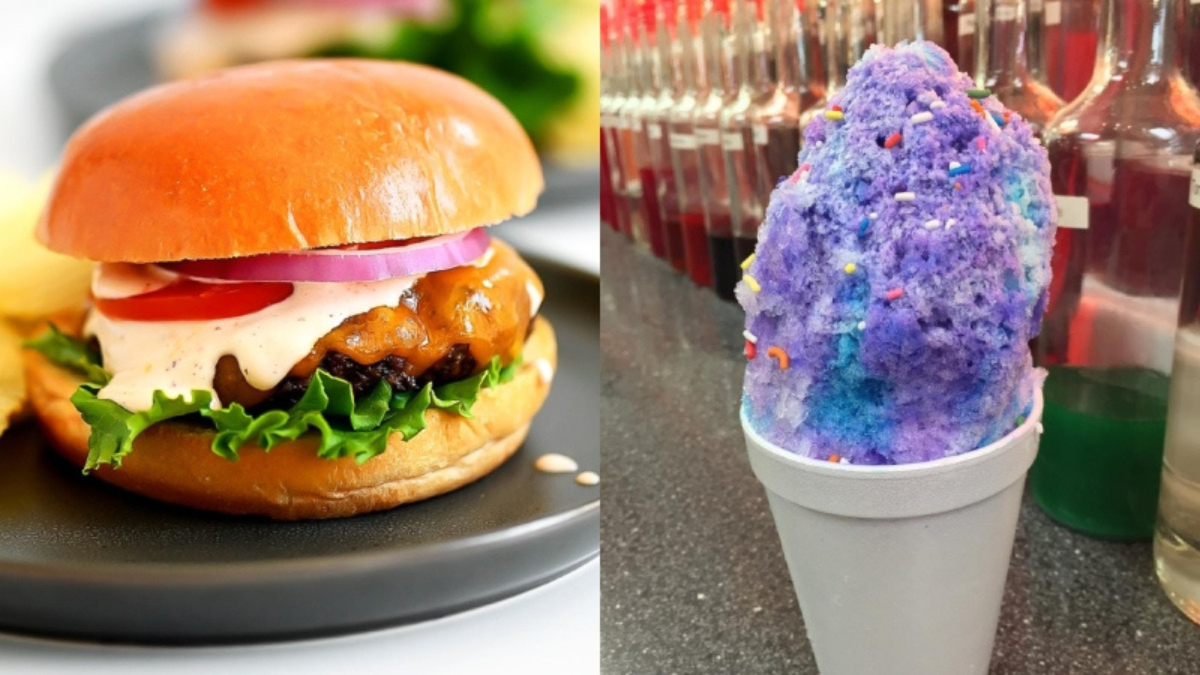 burger and a grape snow cone